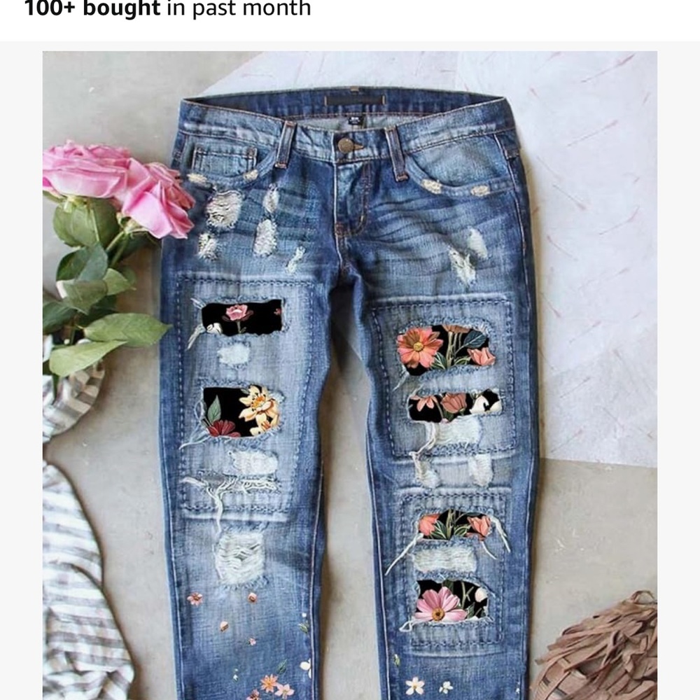 Floral Patch Distressed Blue Jeans